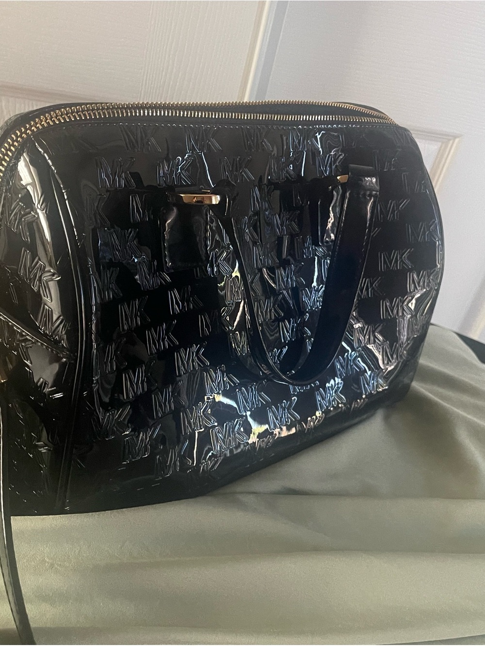 Michael Kors Black Gloss Patent MK Embossed Satchel